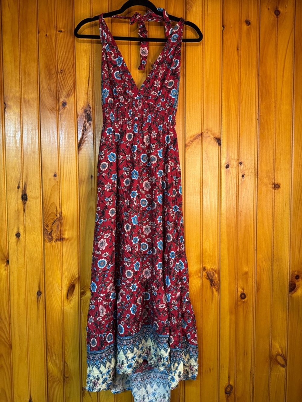 Kohl's Red Floral Halter Maxi Dress with Blue & Cream Border
